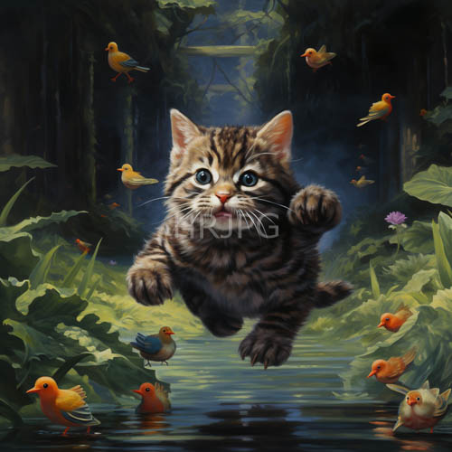 kittens jump over reflective forest streams with vibrant birds in dark forest surroundings