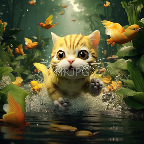 leaping felines amidst aquatic life in dappled forest light