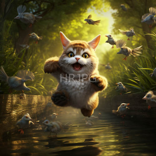 furry orangeandwhite kittens burst into water amidst midair birds in sunlit forest surroundings