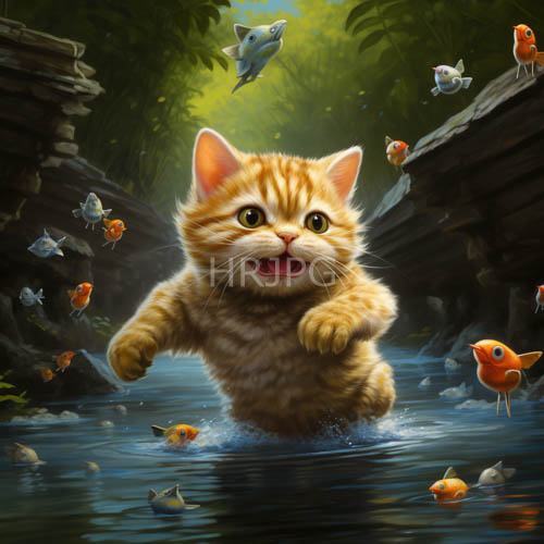 orange tabby kittens frolic amidst forest streams surrounded by goldfishlike swimmers amidst rocky banks