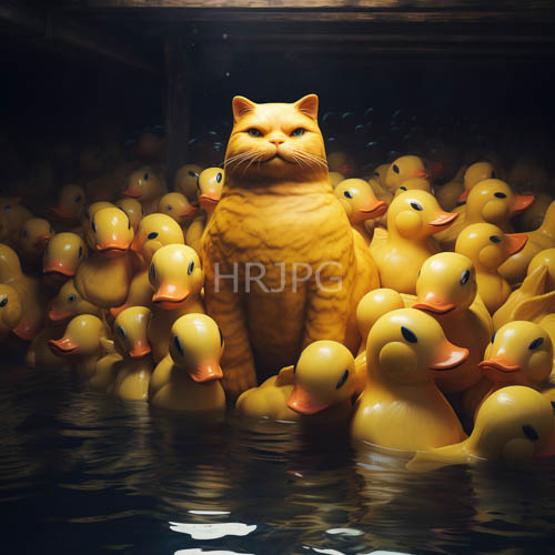 feline curiosity in shallow water among yellow rubber duck colony amidst shed ambient light