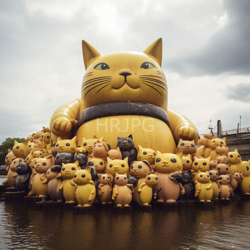 High Resolution: Oversized yellow cat statues with large eyes and whiskers sit on water surrounded by smaller toy cats in various colors download. | HRJPG.com