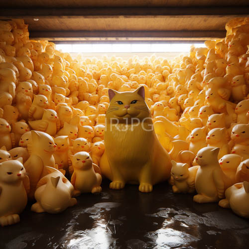 flocked ceramic cat figurines densely packed in rows on luxury floor tiles