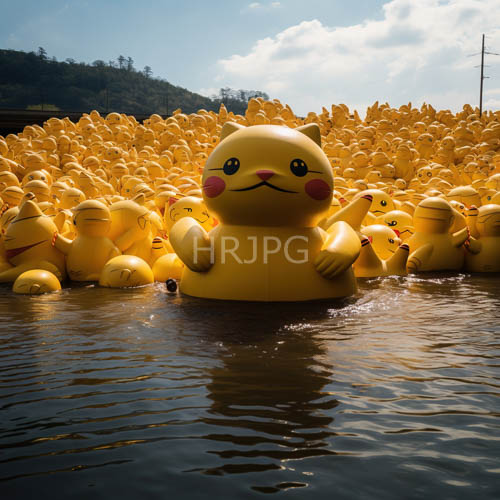 pikachu floats bounce in shallow water under a vast blue summer sky with forested hills