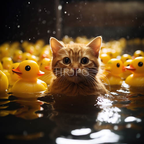 dappled light creates shimmering reflections on water among yellow rubber ducks and orange tabby kittens