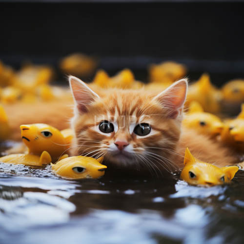 High Resolution: Feline Observation Amidst Scattered Rubber Ducks on a Gradated BlueBlack Background download. | HRJPG.com