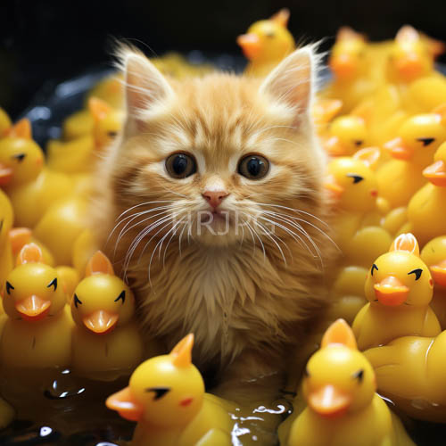 orange tabby kittens snuggle among bright yellow rubber ducks in playful setting