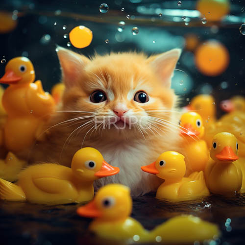 kittens amidst yellow rubber ducks in a whimsical underwater environment bathed in bluetoned light