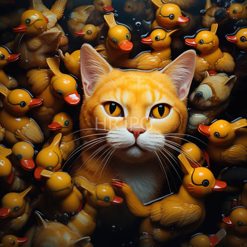 High Resolution: Orange tabby cat surrounded by overlapping yellow rubber ducks in a dense field download. | HRJPG.com