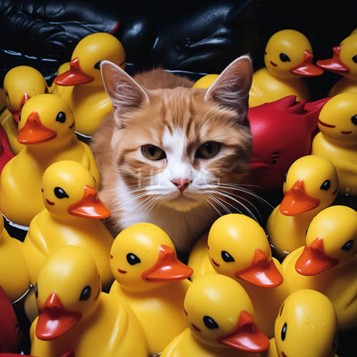 felines in yellow rubber duck ensemble amidst green eyes and leather