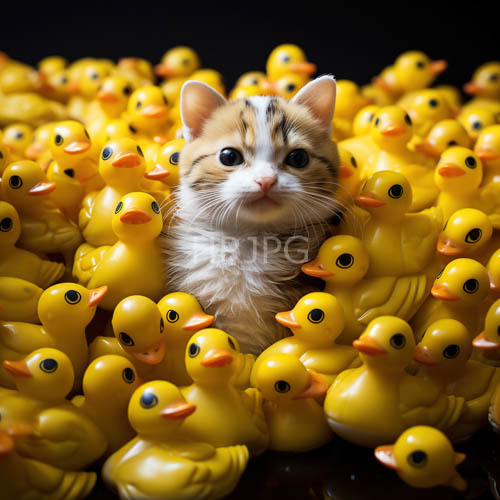 whimsical feline playfulness amidst colorful rubber ducks in sunny surroundings