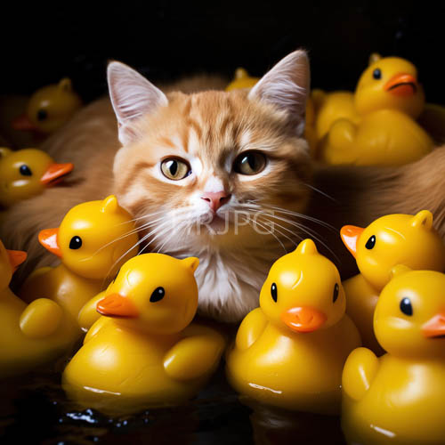 feline aquatic adventure unfolds amidst yellow rubber ducks