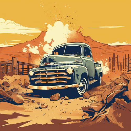 vintage blue pickup trucks crash through dusty rocky terrain under yelloworange sky