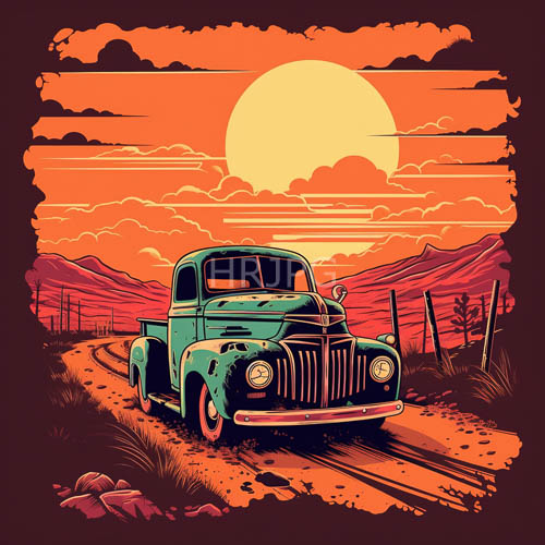 vintage pickup trucks cruise down desert roads under orange and red sunset skies amidst clouds and power lines