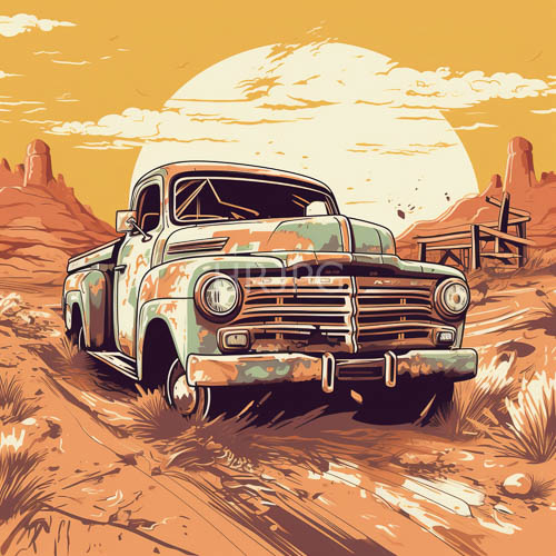 High Resolution: Turquoiseandbrown pickup trucks sit silently amidst desert rock formations at sunset download. | HRJPG.com