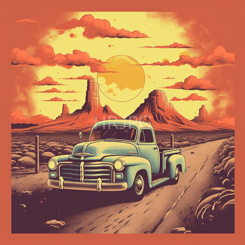 midcentury americana cars cruising desert roads under cloudy sunset skies amidst redorange mountains