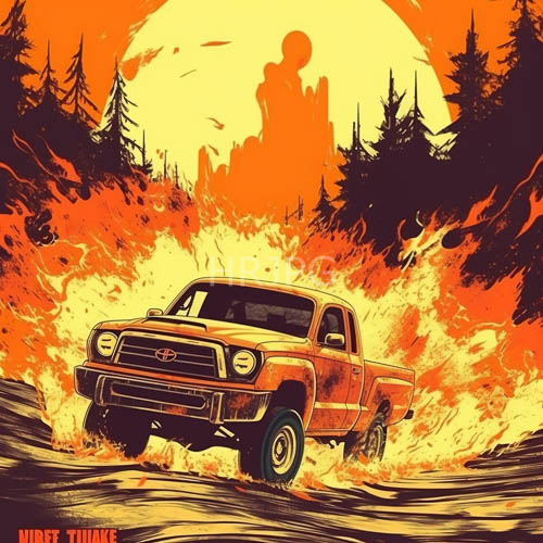 orange pickup trucks speed through flames and smoke toward towering pine trees under yellow sun