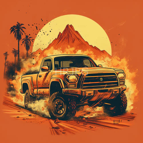 offroad trucks navigate rugged desert terrain amidst silhouetted palm trees and massive mountain peaks under a yelloworange sky
