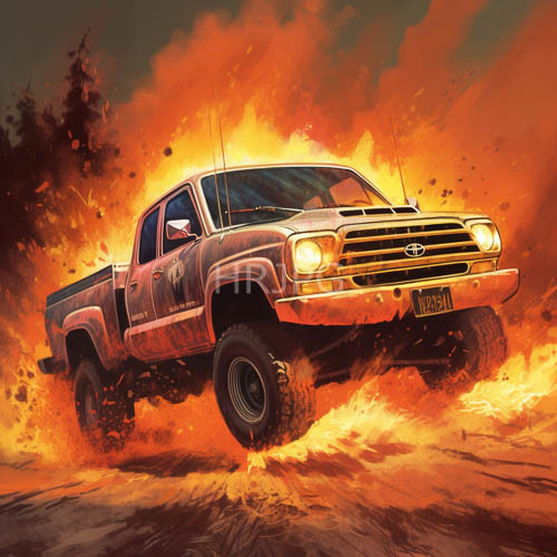 High Resolution: Orange flames engulf rugged terrain as mudsplattered Toyota pickups navigate intense inferno on rough landscape download. | HRJPG.com