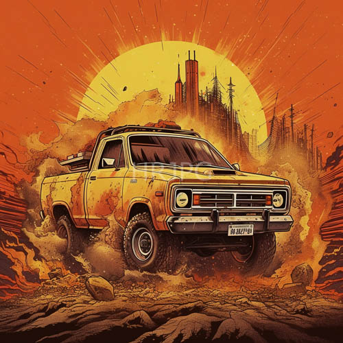 rugged pickup trucks drive desert industrial landscapes fiery redorange backgrounds