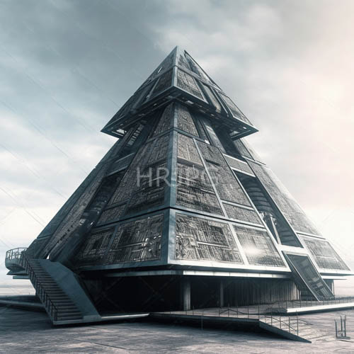 forgotten monumentality of weathered metal triangular buildings stands against overcast skies in lonely landscape