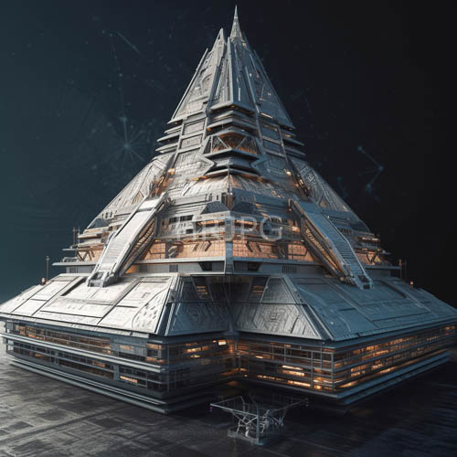galactic pyramid spacecraft displays intricate metallic silvery geometric patterns in orbit