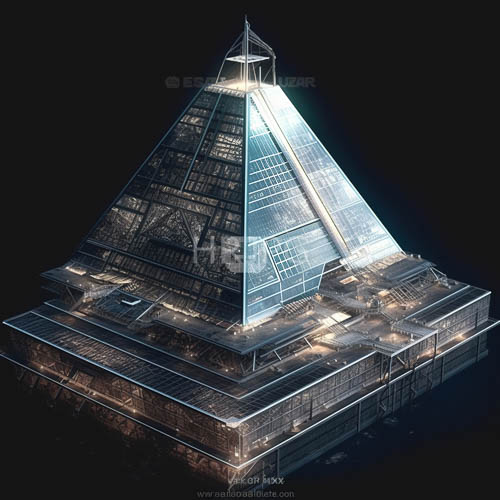 cool blue light highlights sharp geometric patterns across black pyramids