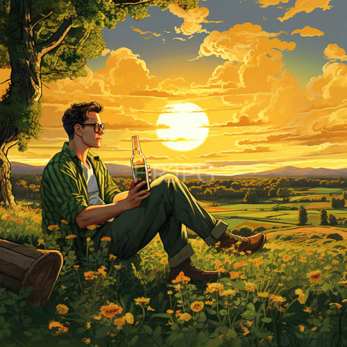 men in fields at sunset surrounded by yellow flowers and framed by trees under an orangeyellow sky