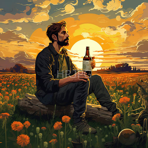 High Resolution: Bearded Men on Logs in OrangeFlowered Fields at Sunset with Golden Sun Halo download. | HRJPG.com