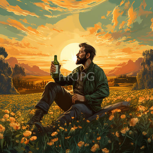 bearded men sit in fields of yellow flowers at sunset with mountains on the horizon