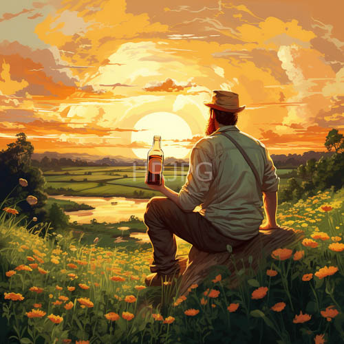 men in green shirts sit on rocks overlooking sunset over fields of yellow flowers