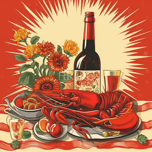 of two large lobsters on white plates amidst sunflowers and fresh produce in a sundrenched setting