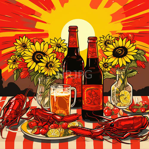 High Resolution: Sunset Framed Picnic with Amber Ale and Sunflowers against Fading Summer Light download. | HRJPG.com