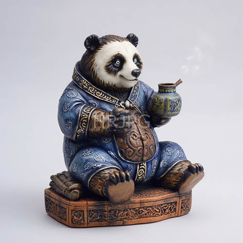 chinese porcelain panda figurine displays intricate ceramic craftsmanship on ornate wooden base with subtle steam