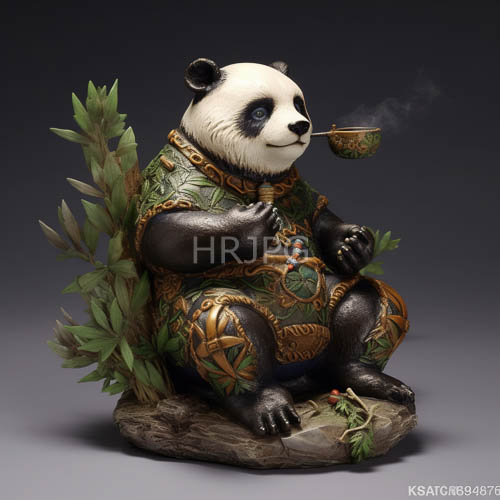 High Resolution: Pandas Clad in Intricate GreenandGold Armor Sit on Rocky Bases Surrounded by Steaming Tea Bowls download. | HRJPG.com
