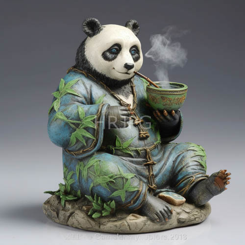 chubby pandas in bamboopatterned robes seated crosslegged on rugged stone terrain