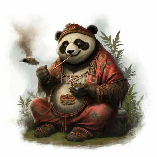 animals in red and gold robes sit amidst bamboo stalks in a grassy field of morning dew