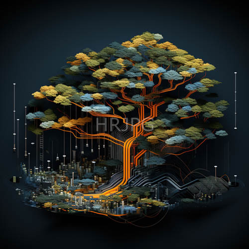 tree trunks fuse with steel beams and high tech urban infrastructure
