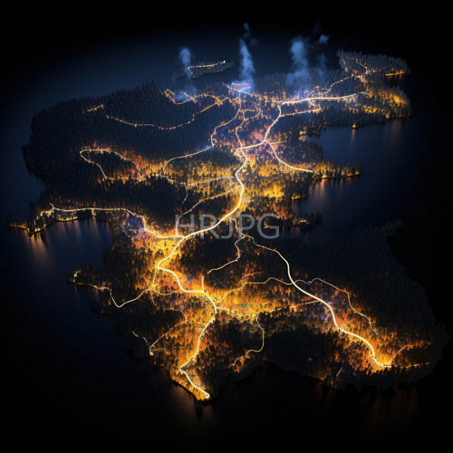 illuminated road networks and city centers amidst dense island forests and industrial plumes