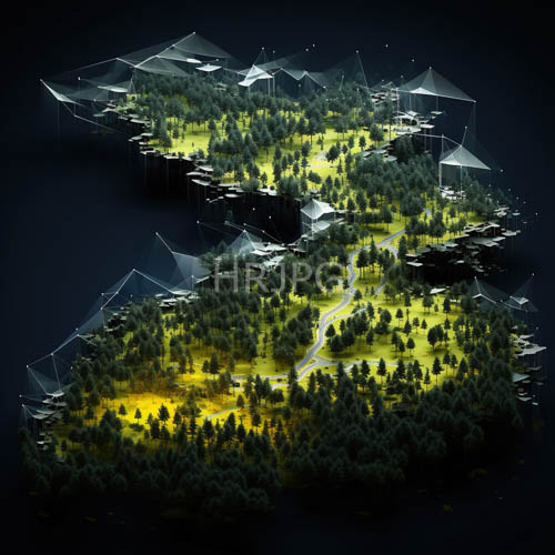 geometric overlays highlight terrain on forested islands at night