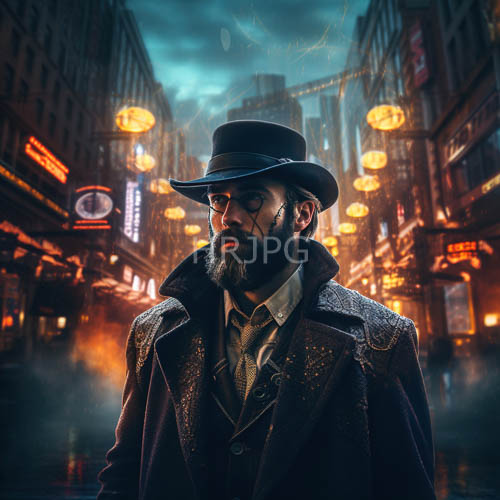 bearded men in black top hats and victorianera coats on neonlit urban streets