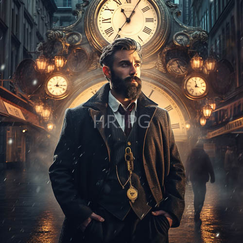 bearded man in victorianstyle coat stands on rainslicked streets near clock tower