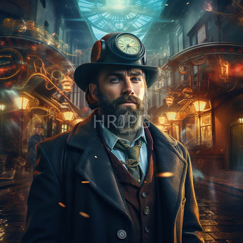 High Resolution: Steampunk explorer in urban night setting with intricate clockwork details download. | HRJPG.com