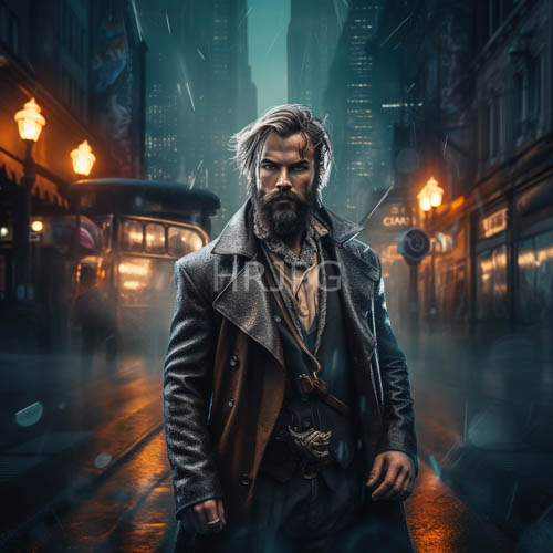 blonde men in rainsoaked city streets amidst foggy urban landscapes