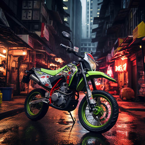 urban motorcycle with neon lights and reflective street in bustling asian market