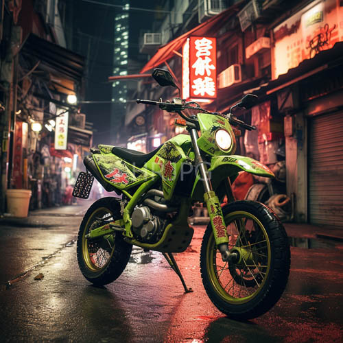 High Resolution: Motorcycles adorned with floral decals stand on wet asphalt in Asian street market download. | HRJPG.com