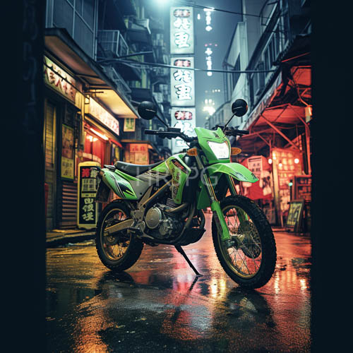 motorcycle stands under moody urban night lights reflected on wet pavement