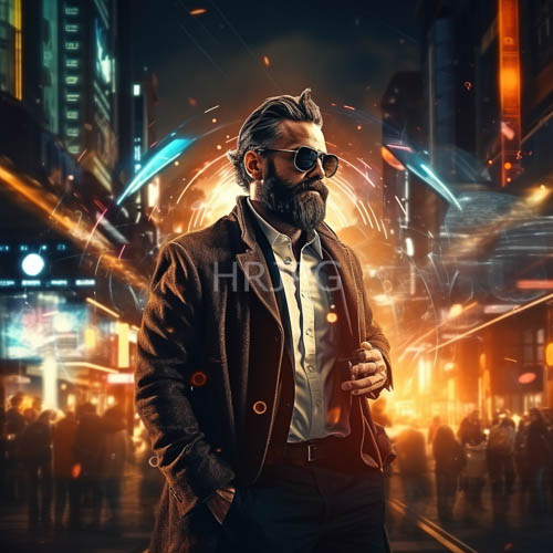 men in sunglasses confront city streets with rugged sophistication under neon