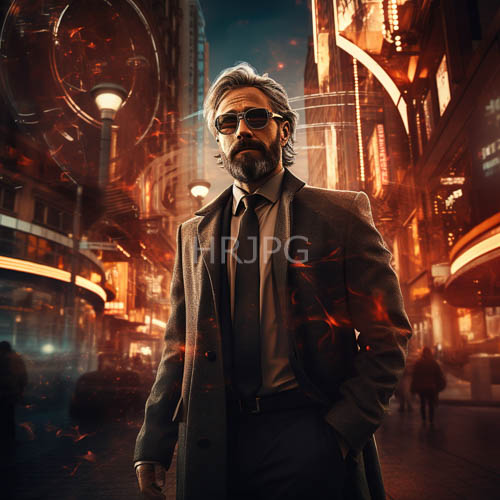 High Resolution: Formal Figures Amidst Futuristic Cityscapes Under NeonLit Skyscrapers with Orange Illumination download. | HRJPG.com