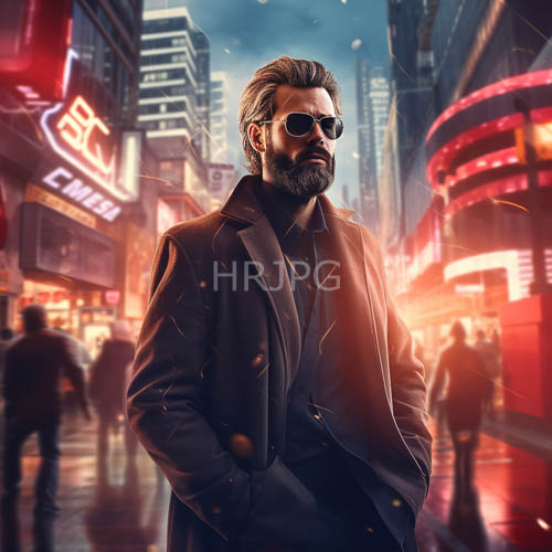 bearded men in sunglasses and oversized coats dominate neonlit urban street at night with confident poise